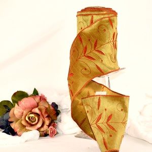 Designer Arty faux Green olive Orange leaves embossed